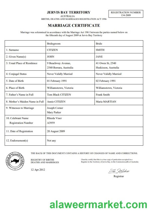 Australia Jervis Bay Territory marriage certificate template in Word
